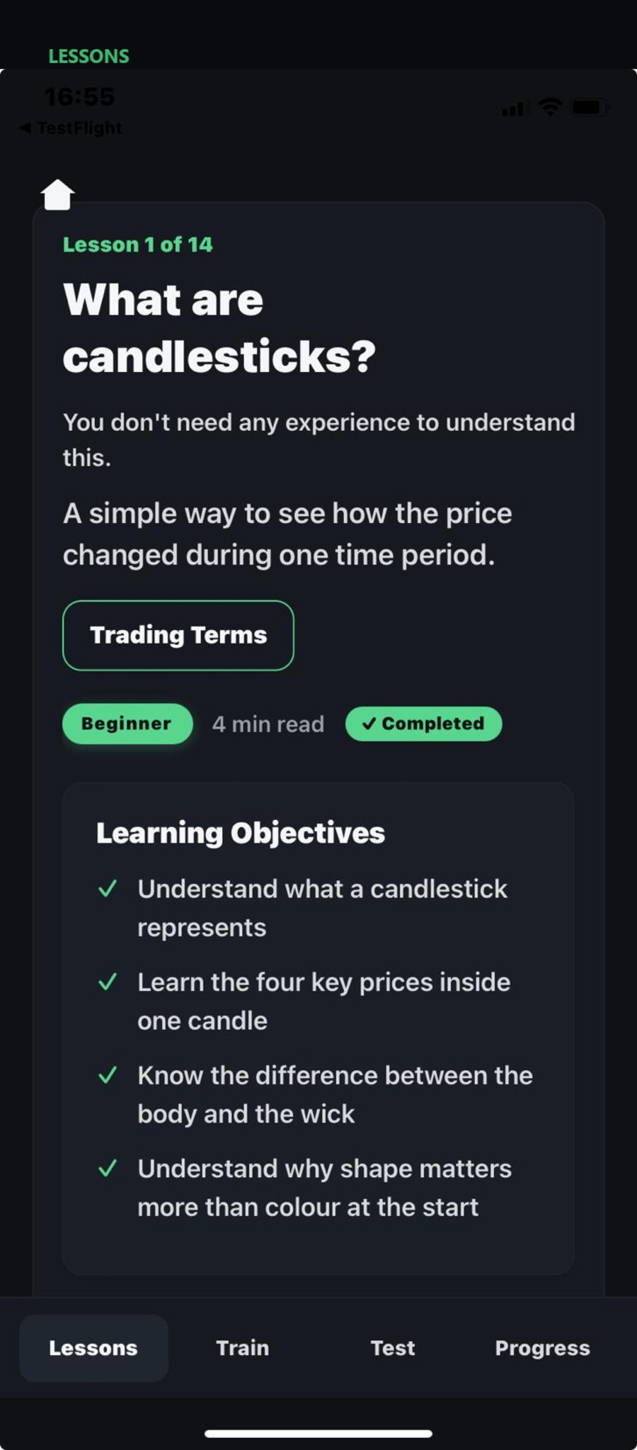 Beginner candlestick course app — lesson screen showing 'What are candlesticks?'