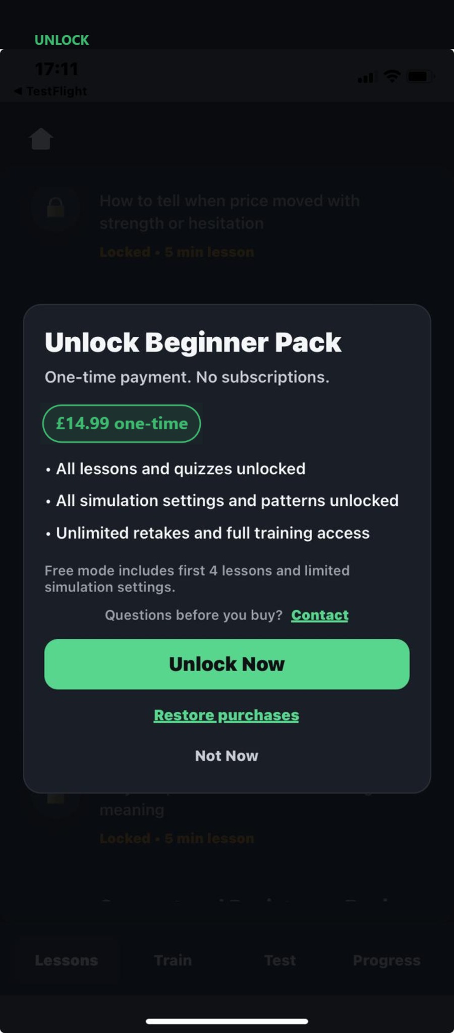 ForCandles unlock screen — full beginner candlestick course for £14.99 one-time payment