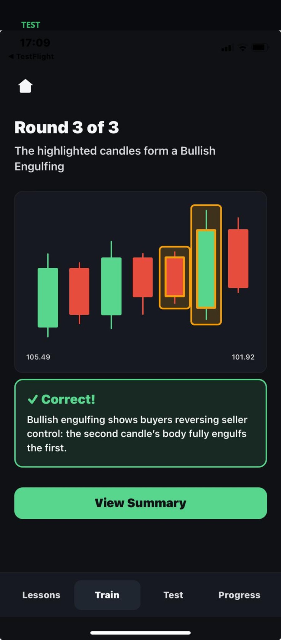 Interactive candlestick quiz example — Bullish Engulfing pattern recognition test
